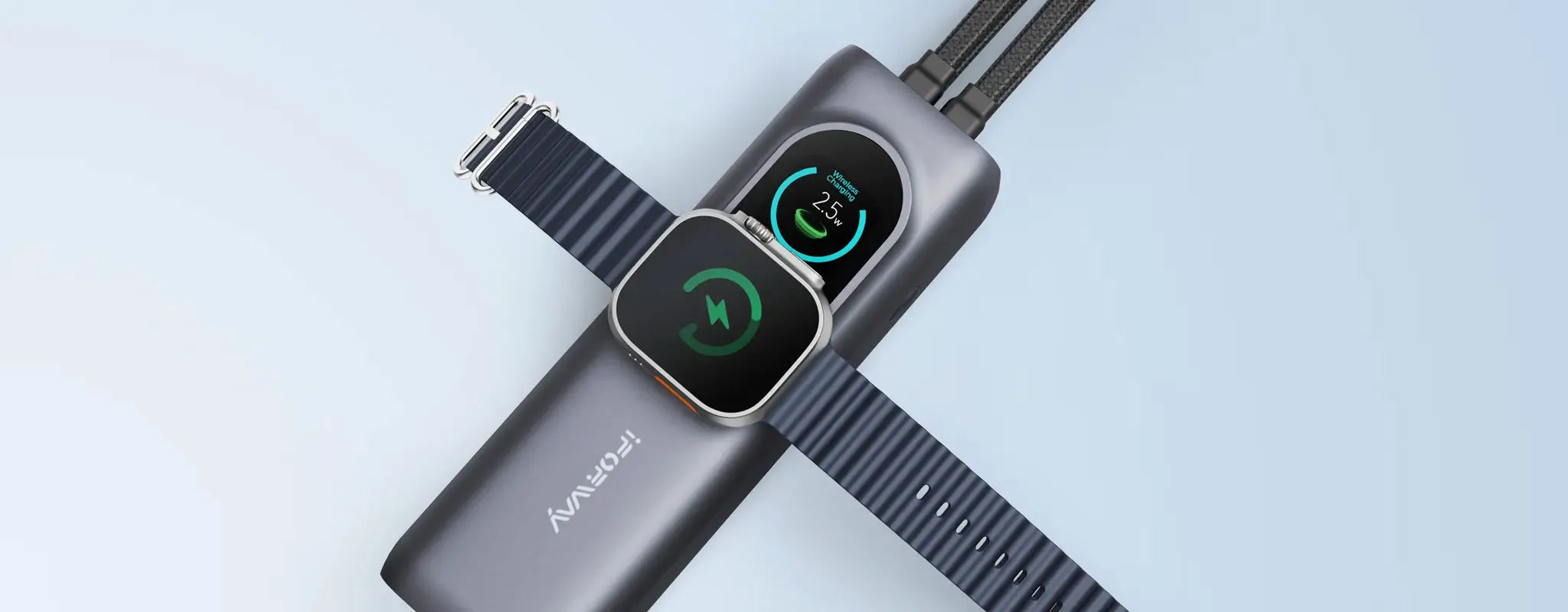 A close-up of the dedicated 2.5W wireless charging spot on the iFORWAY PB02 (170W) power bank, perfectly charging an Apple Watch. This ultra-compact device eliminates cable clutter while ensuring stable performance for your wearables. Featuring PD 100W bidirectional fast charging and superior safety protocols, it provides a seamless Power On the Go experience, making it a must-have energy companion for modern travelers and tech enthusiasts.