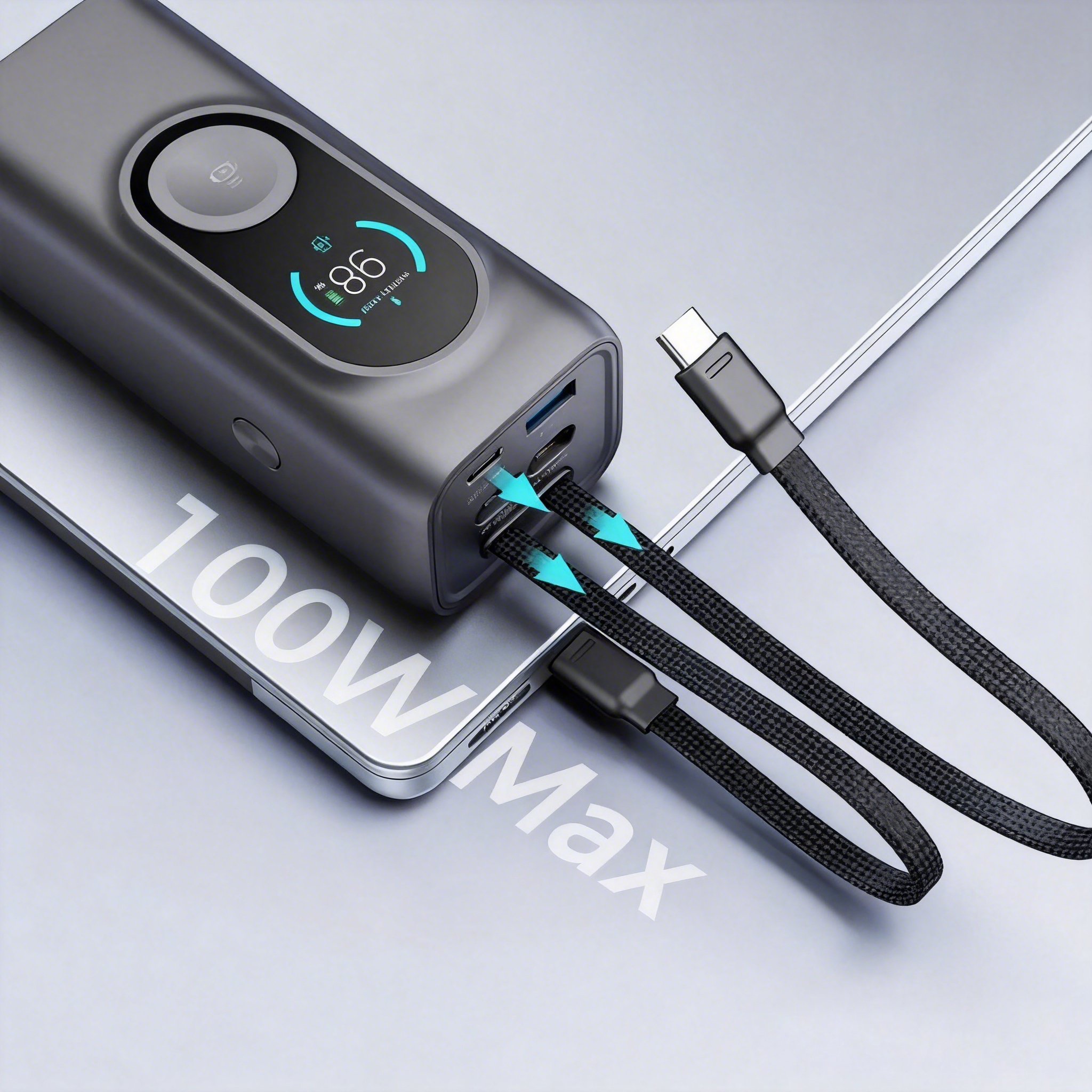 Sleek iFORWAY portable charger featuring dual built-in 100W USB-C cables that conveniently double as a carrying lanyard.