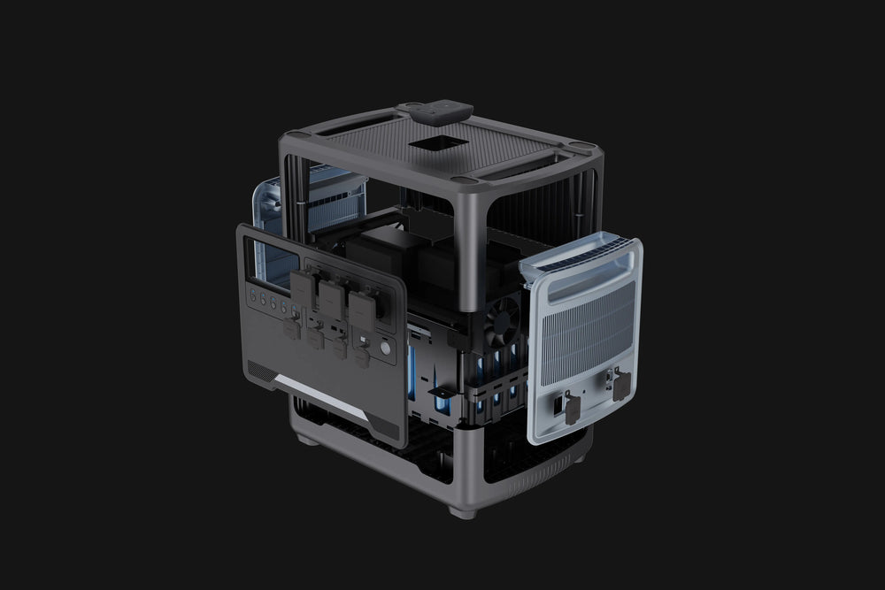 n exploded view of iFORWAY's high-capacity power station, highlighting its Built Tough industrial design and robust outer shell. The detailed breakdown showcases the advanced cooling fans and structural reinforcements that enable high power output while maintaining low heat loss. Engineered for superior safety and stable performance, this rugged architecture is the foundation for reliable off-grid living and heavy-duty Power On the Go applications.
