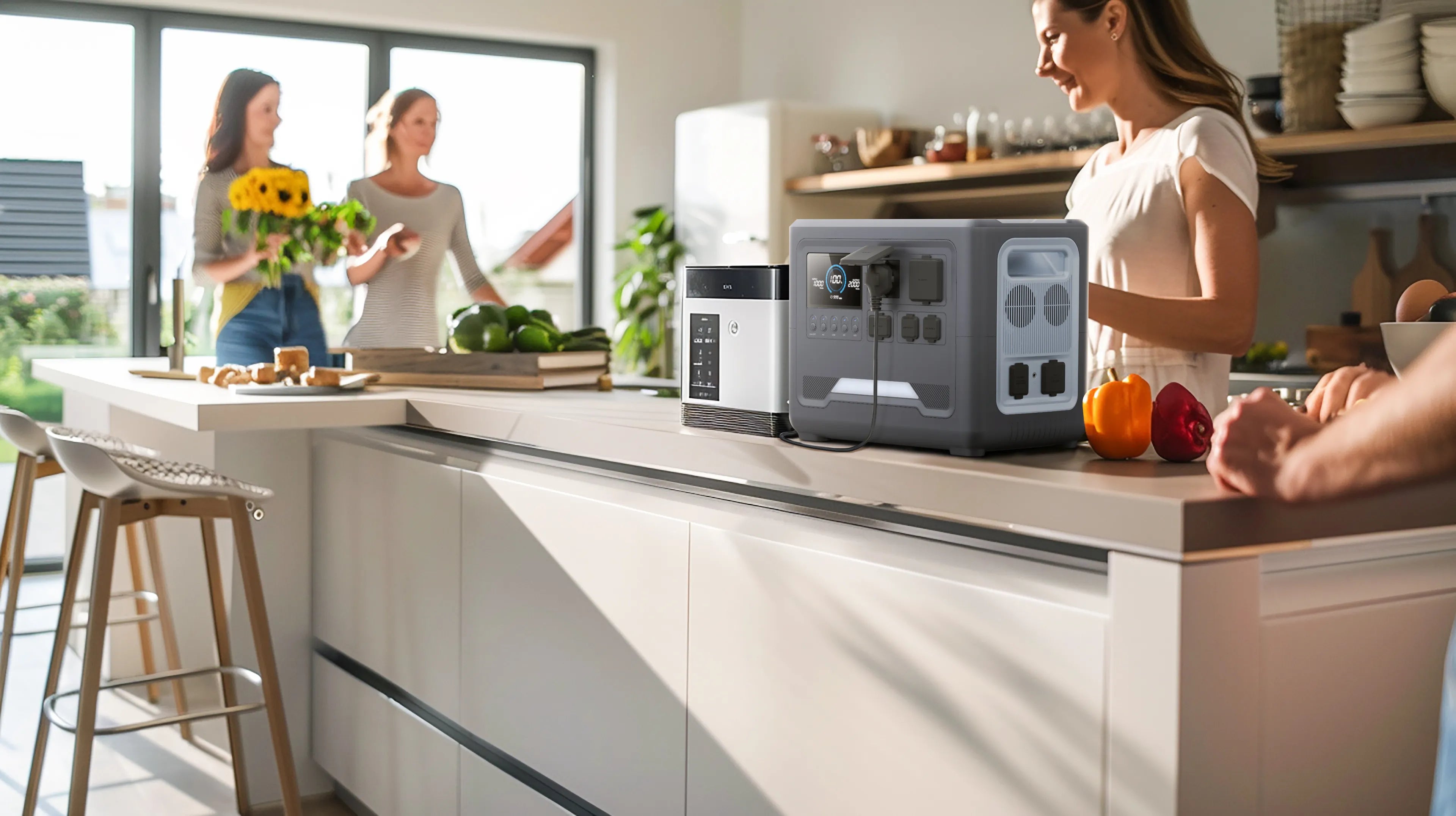 iFORWAY high-capacity portable power station used as a home backup power solution in a kitchen setting. Capable of driving kitchen appliances with its high power output, it ensures stable performance and peace of mind during power outages. Engineered with superior safety standards and low heat loss technology for indoor use, it is an essential hub for off-grid living and emergency preparedness. Providing Power On the Go even within the comfort of your home.