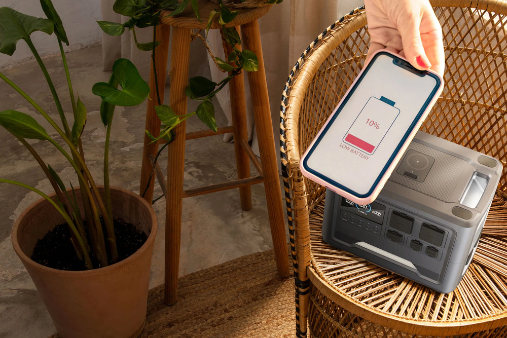iFORWAY portable power station rescuing a smartphone from 10% low battery. Highlighting the convenient top wireless charging pad for easy, cable-free energy delivery at home. Engineered as a dependable home backup power source, it features high power output and stable performance. With superior safety standards and low heat loss, it ensures a worry-free Power On the Go experience, making it a stylish and functional hub for off-grid living and daily indoor energy needs.