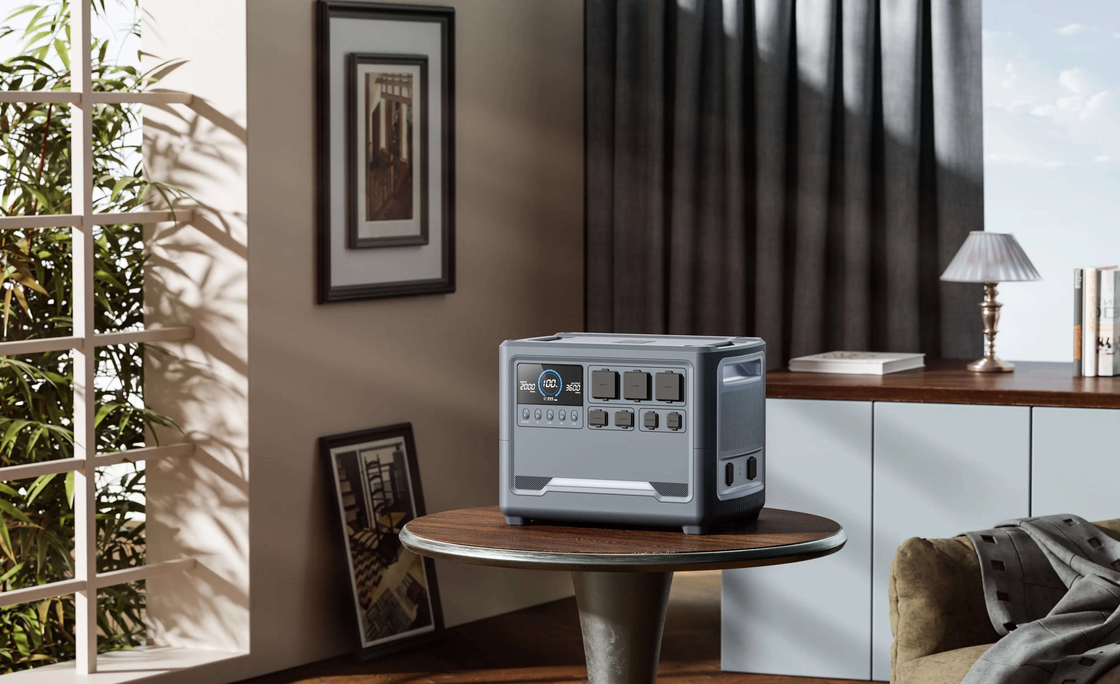 iFORWAY portable power station seamlessly integrated into a stylish modern interior. Positioned as a high-end home backup power solution, its sleek aesthetic complements contemporary home decor. Engineered for stable performance and high power output, it ensures your critical devices remain powered during outages. With superior safety and low heat loss design, it is the perfect safe-to-use energy hub for off-grid living and ensuring professional Power On the Go right from your living room.