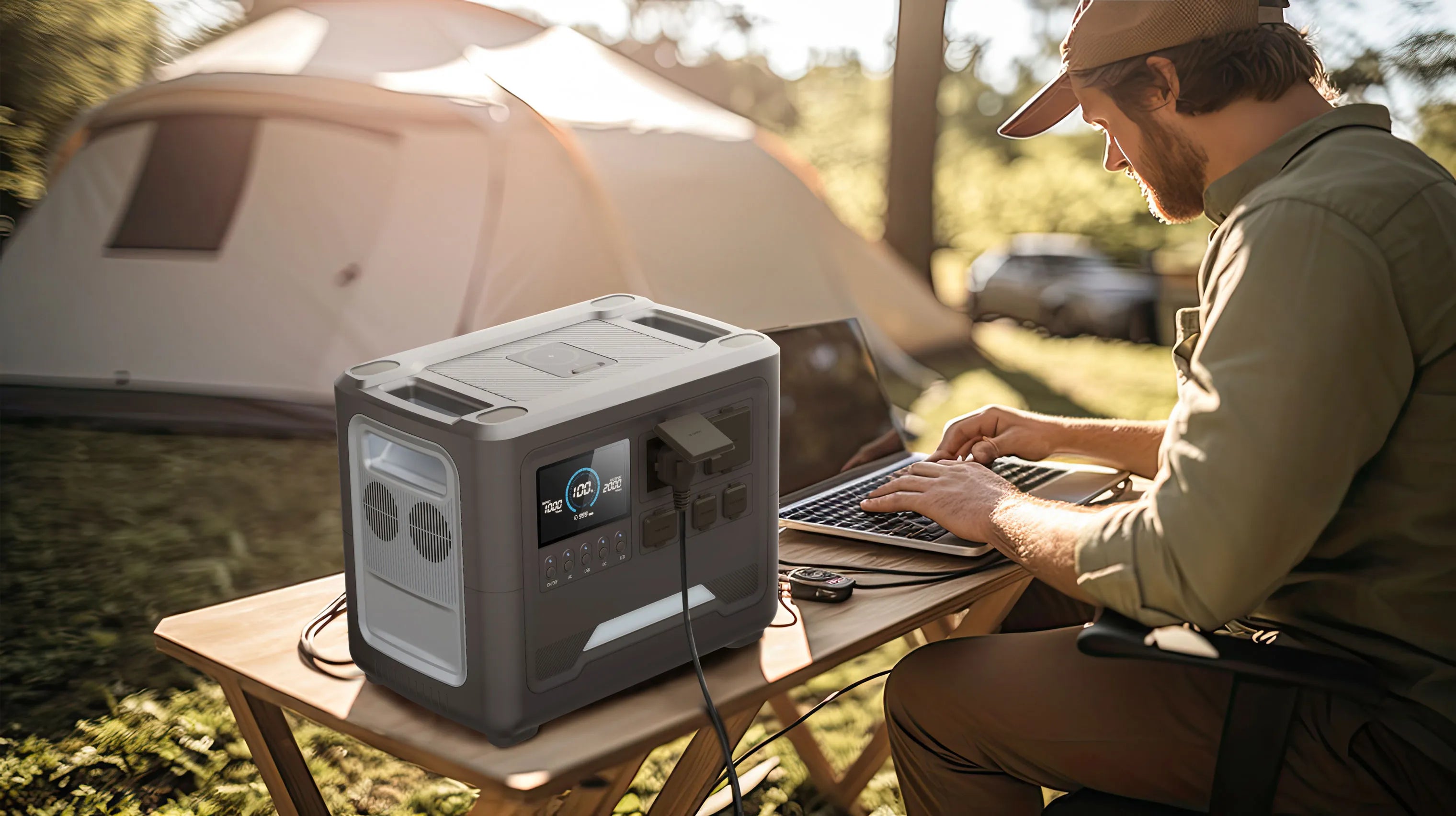 iFORWAY high-capacity power station supporting an outdoor remote office for a digital nomad. It delivers high power output to laptops and professional gear with stable performance. Engineered for off-grid living, it ensures Power On the Go via superior safety standards and reliable energy storage. The Built Tough and ultra-compact design makes it the ideal companion for adventurers who need to stay connected and productive while camping in the wild.