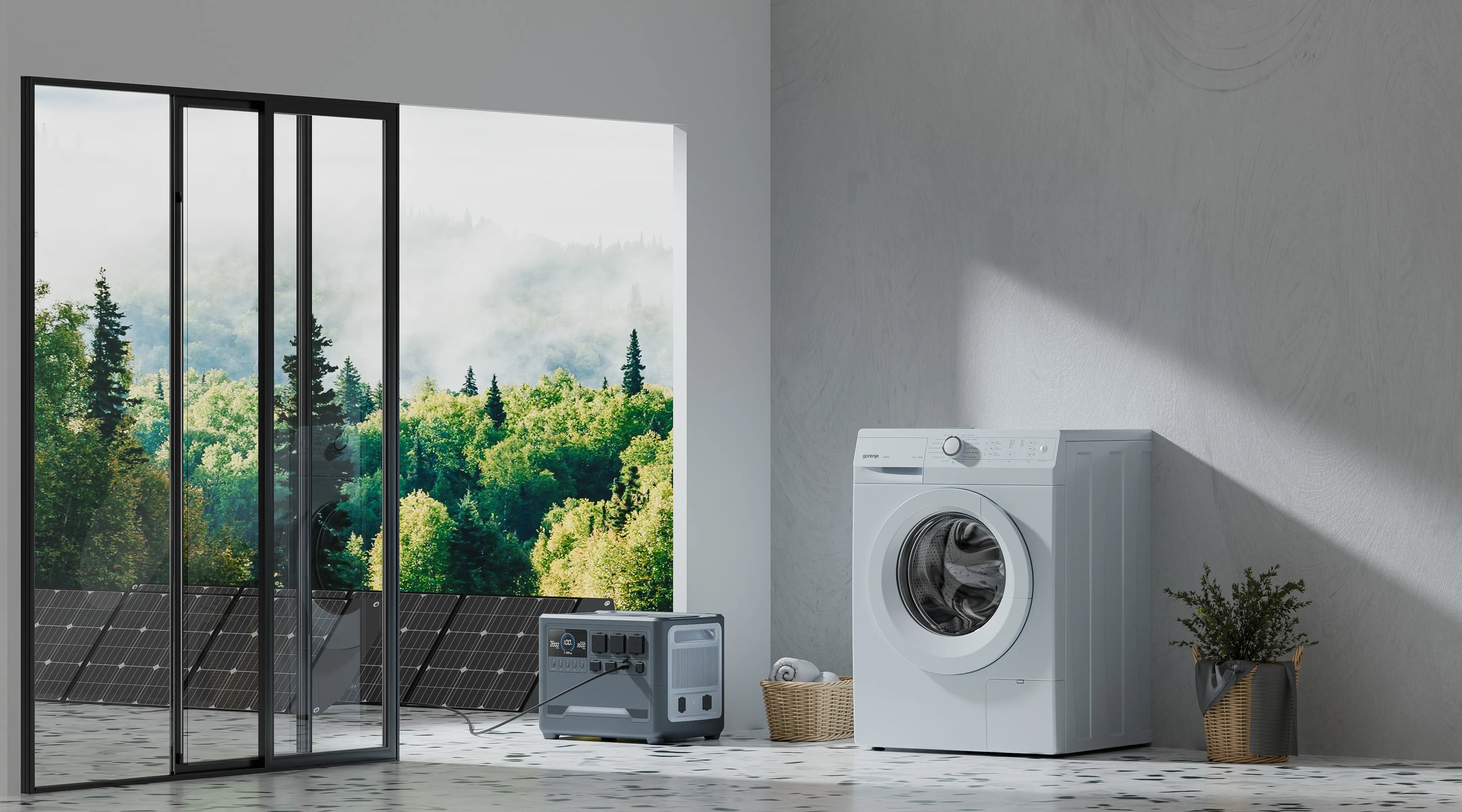 iFORWAY high-capacity portable power station powering a full-sized washing machine. Showcasing its massive high power output and ability to handle heavy-duty household appliances during emergencies. An essential hub for home backup power, it integrates seamlessly with solar charging to support a complete off-grid living lifestyle. Engineered for stable performance and superior safety, iFORWAY ensures your laundry and daily chores never stop, providing reliable Power On the Go even in remote locations.