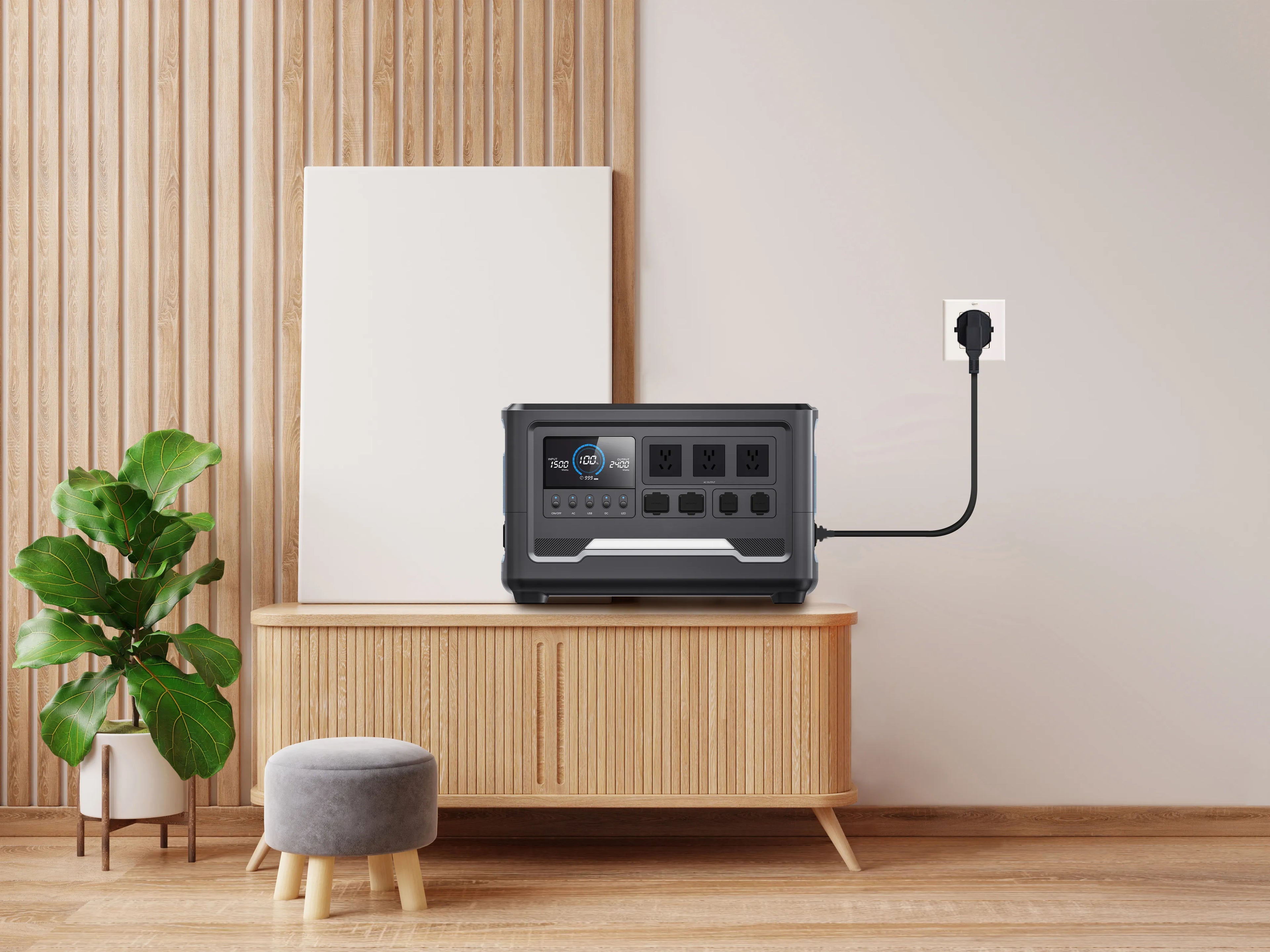iFORWAY portable power station undergoing fast AC recharging via a standard wall outlet. Designed to minimize downtime, this efficient charging process ensures your home backup power is always ready for emergencies. Its sleek, minimalist aesthetic fits perfectly into modern living rooms, offering stable performance and superior safety during standby. Engineered with low heat loss technology for indoor safety, it serves as the ideal energy hub for starting your off-grid living journey and ensuring Power On t