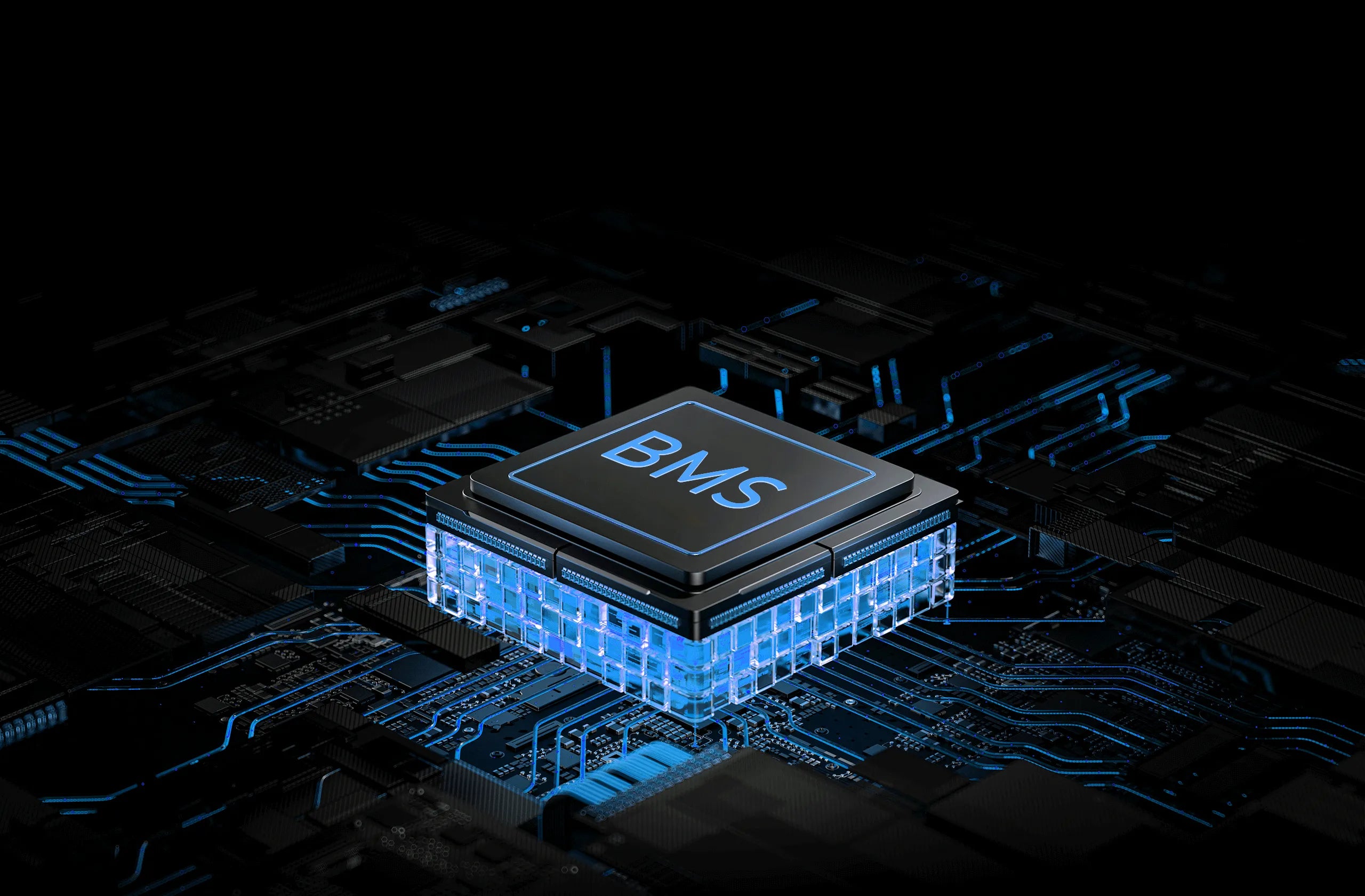 Technical closeup of iFORWAY's intelligent BMS (Battery Management System) chip. Designed to act as a high-tech safety brain, it provides superior safety by monitoring every cell in real-time. This advanced controller ensures stable performance and optimizes high power output while achieving low heat loss. Built into every iFORWAY device, it provides the ultimate reliability for off-grid living and critical home backup power needs, delivering professional-grade Power On the Go.
