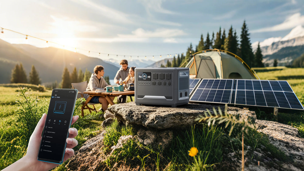 iFORWAY smart outdoor power ecosystem in a family camping setting. It features green energy harvesting via efficient solar panels and remote monitoring through a smartphone APP. Designed for high power output, the station ensures stable performance for multiple appliances simultaneously. With low heat loss engineering, it provides a safe and reliable off-grid power solution, embodying the Grab the sun philosophy for sustainable outdoor adventures.