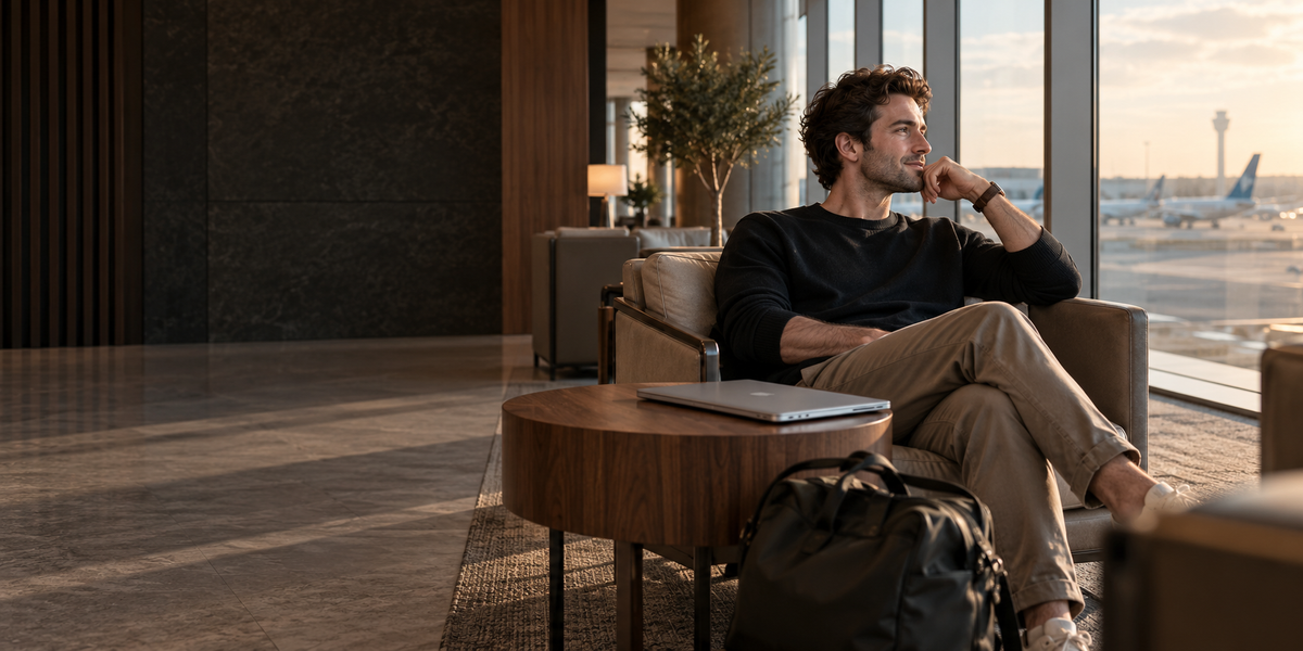 Traveler resting beside a window in an airport lounge.