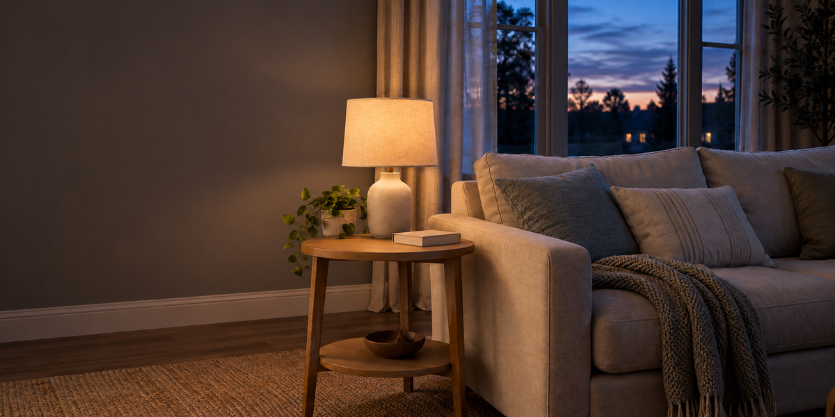 The same living room with a warm table lamp switched on.