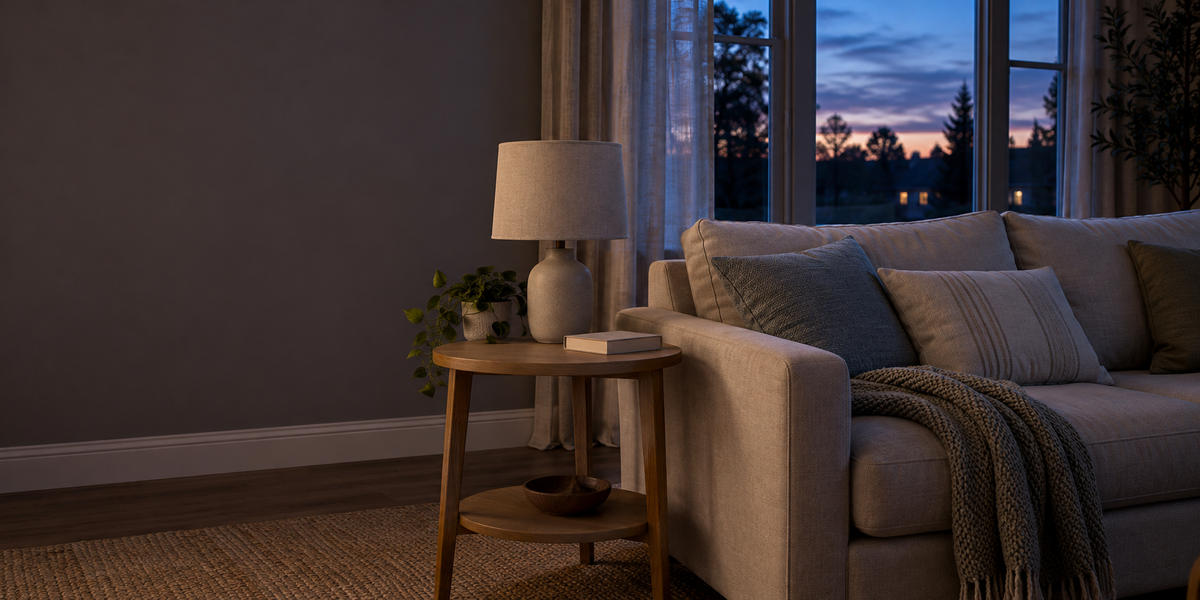 Living room at dusk with the table lamp switched off.