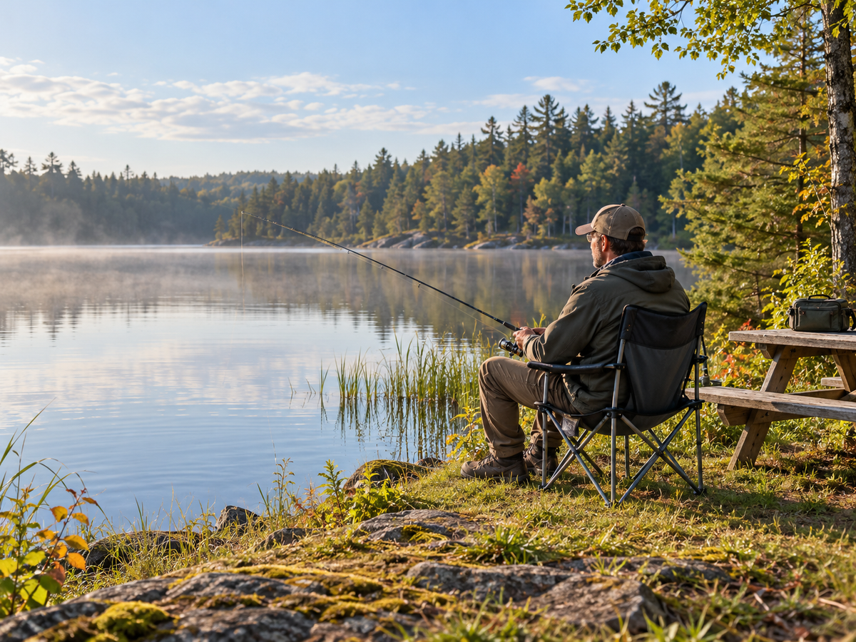 Fishing by a wooded lake.
