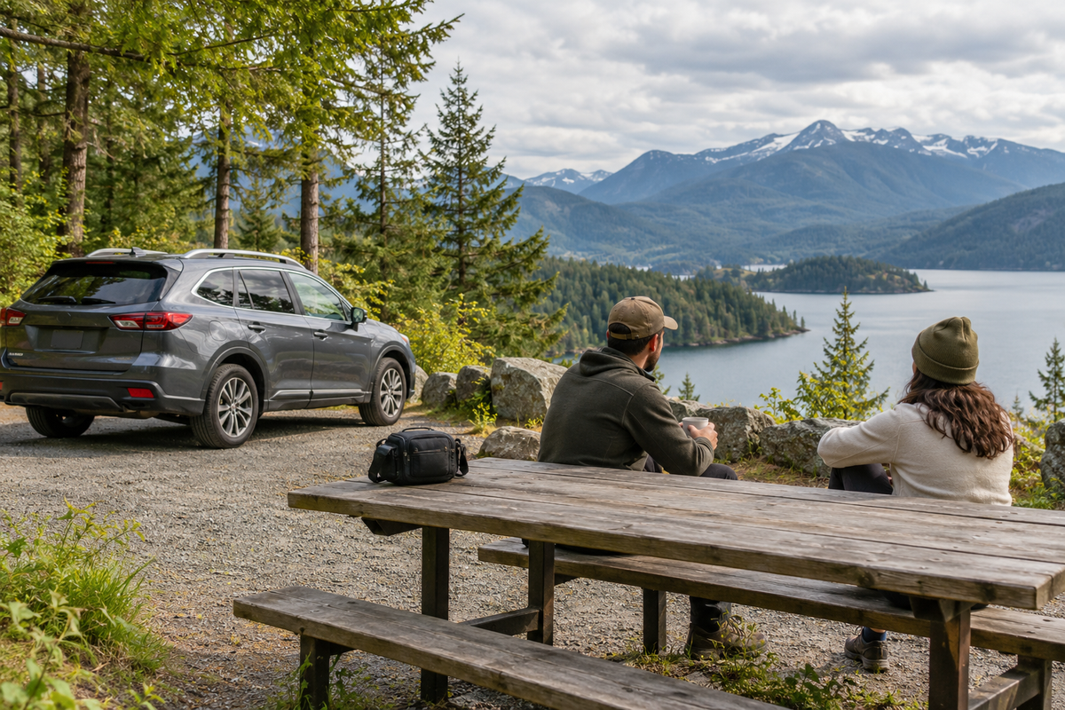 Travelers resting beside a lake.